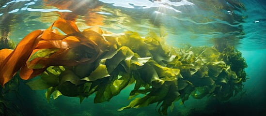 Floating California underwater reef with seaweed kelp With copyspace for text