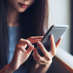 Close-up Side View of a Young Female Woman's Hands Touch Screen Using a Modern Digital  Mobile Smart Phone for Chat via Online Wifi Internet Blogger Applications & Browse Text Texting Social Networks. - obrazy, fototapety, plakaty