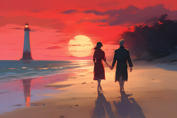 several people are walking on the sandy beach, a red sunset appears on the horizon, and a lighthouse can be seen in the distance on the sandy beach. generation ai.