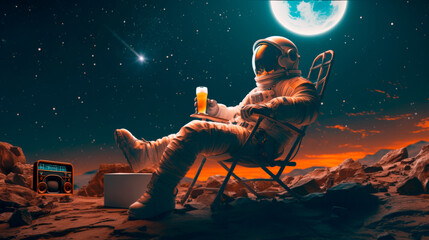 astronaut sitting in a chair drinking beer on the moon relaxing listening to music - obrazy, fototapety, plakaty