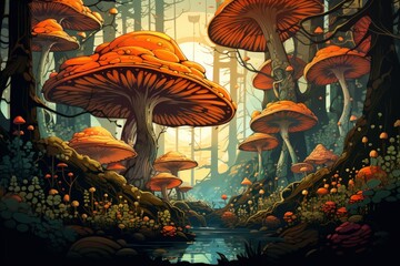 Fototapeta premium Giant talking mushrooms offering cryptic advice in dense forest groves - Generative AI