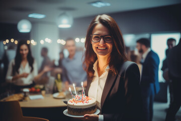 Business woman celebrating birthday and doing a party with colleagues in her office - obrazy, fototapety, plakaty
