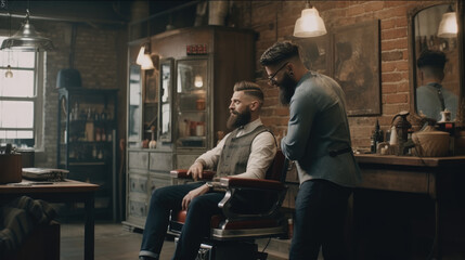Obraz na płótnie Canvas A stylish model with a beard, sitting in the barbershop chair