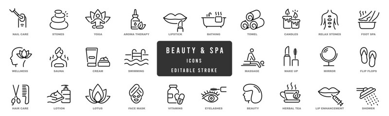 Beauty and SPA theme icons editable stroke pictogram elements set. Massage, sauna, aromatherapy etc. Editable stroke