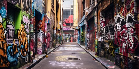Graffiti-covered alleyway, showcasing various artistic styles and messages , concept of Creative expression