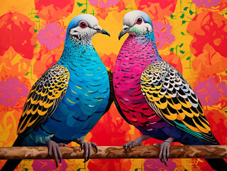 Pigeons on a branch with a colorful background. Digital illustration. Two turtle doves, The 12 Days of Christmas - 662833686