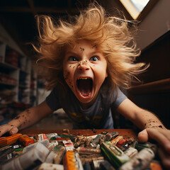 Visual hyperbole. Closeup shot of 3 year old Caucasian boy angry with schoolwork. Crayons flying everywhere. Dramatic image of the bad behavior of an angry child. Volumetric lighting. - obrazy, fototapety, plakaty