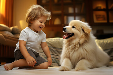 cute little young white american blonde caucasian baby playing with his dog puppy and car toys at home in his house playing room, Generative aI