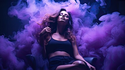 Futuristic model in a floating pose, surrounded by cosmic violet and indigo smoke