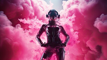 Futuristic model in a space-inspired bodysuit, contrasted by vibrant pink smoke plumes