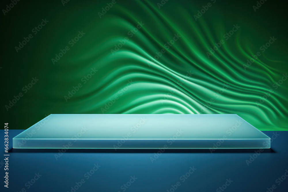 Poster vibrant dimensions, abstract 3d rendering in green and blue, a mesmerizing interplay of colors and d