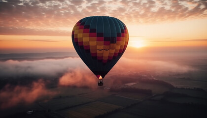 Obraz premium Multi colored hot air balloon soars high over mountain landscape