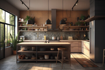 Eco style kitchen interior with wooden furniture and tile on the floor
