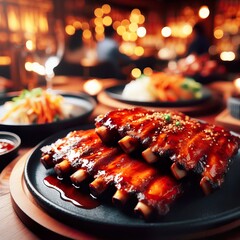 beautiful plates of pork ribs with stew in different settings
