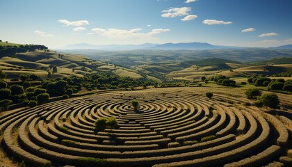 Green meadow, mountain, tree, sunlight, forest, sunset, sky, journey, adventure generated by AI