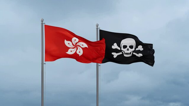 Hong Kong flag and Jolly Roger or pirate flag waving together on cloudy sky, endless seamless loop