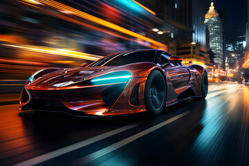 Obraz premium A sleek and aerodynamic vehicle speeding through a neon-lit urban landscape of the future, generative AI