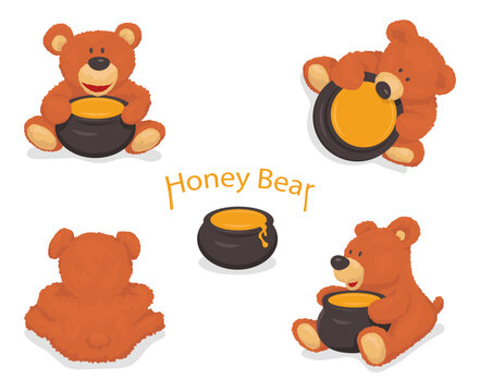 Bears toys set. Brown bear cartoon. Honey pot. Vector illustration isolated on background.