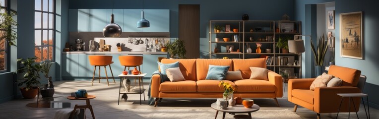 Playful interior design of studio apartment, modern living room and kitchen.