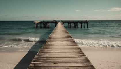 Obraz premium Tranquil seascape, wooden jetty, sandy coast, blue water, tropical sunset