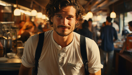 Obraz premium Smiling man, confident, casual clothing, looking at camera, city life generated by AI