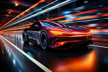 A sleek and aerodynamic vehicle speeding through a neon-lit urban landscape of the future, generative AI