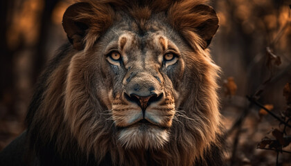 Fototapeta premium Majestic lion staring with focus on foreground in wilderness area
