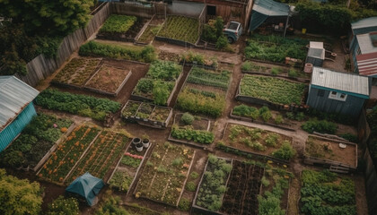 Abundant harvest of fresh organic fruit and vegetables in rural landscape