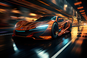 Fototapeta premium A sleek and aerodynamic vehicle speeding through a neon-lit urban landscape of the future, generative AI