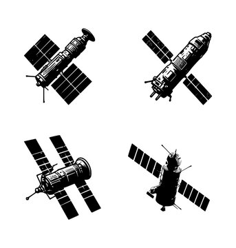 Set of space satellite silhouette in an isolated background