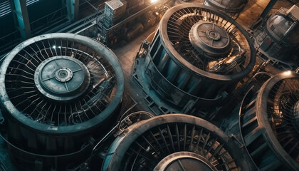 Modern metal industry complex high tech machinery, clean production, skilled workers