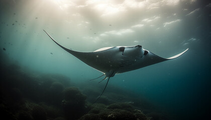 Majestic manta ray swimming in tropical reef, below blue seascape