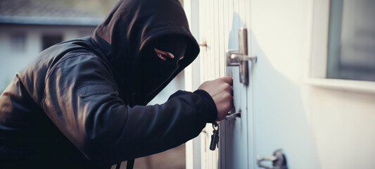 Burglary or thief breaking into a home opens the lock on the door of a country house, theft crime criminal case concept, Burglar breaking into house - obrazy, fototapety, plakaty