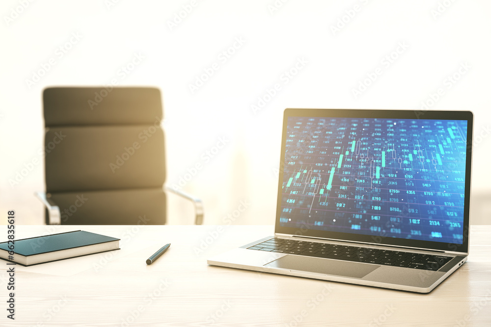 Poster computer monitor with abstract creative analytics data spreadsheet, analytics and analysis concept. 