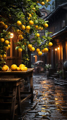 A huge lemon tree with lemon fruits in the corner of the old village, rainy weather. AI Generative