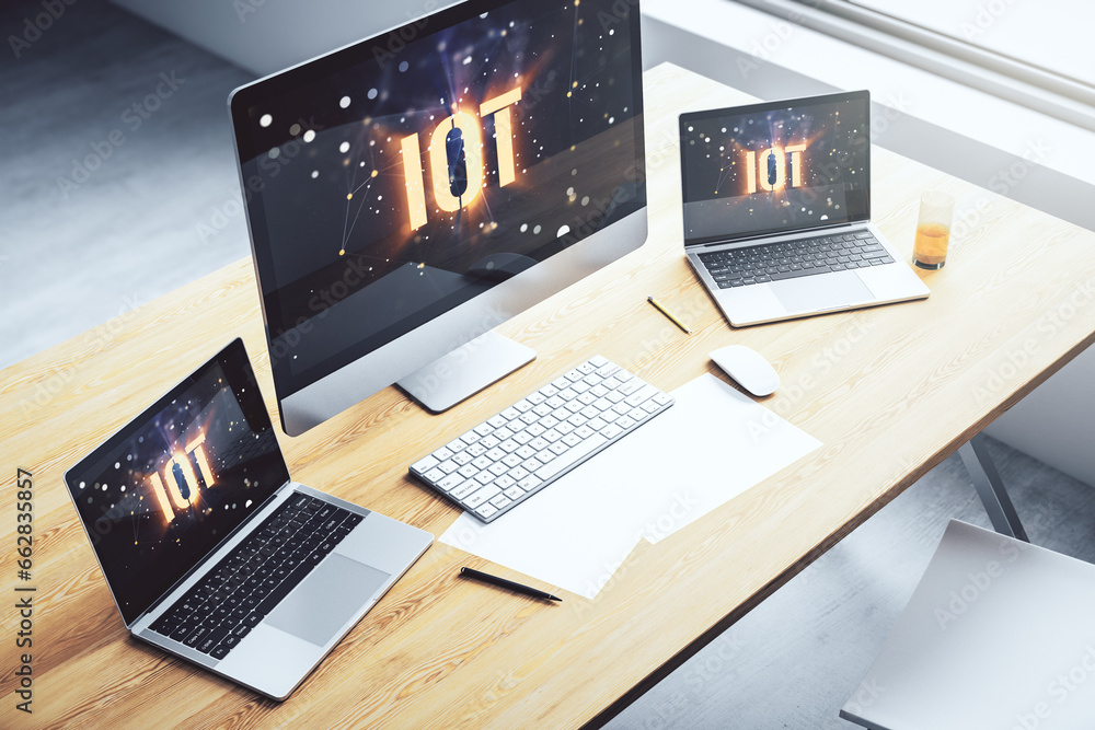 Fototapete modern computer monitor with creative iot hologram, research and development concept. 3d rendering