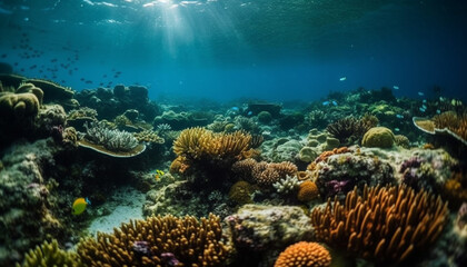 Naklejka na ściany i meble Multi colored fish swim below the tropical reef in crystal clear water