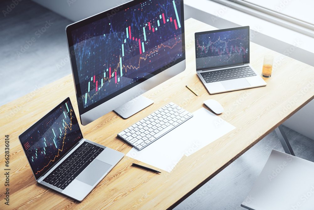Poster modern computer screen with abstract financial diagram, banking and accounting concept. 3d rendering