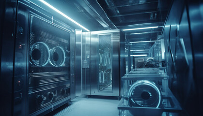 Fototapeta premium Futuristic factory machinery working inside modern steel warehouse with computer network