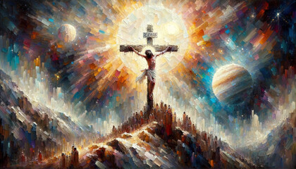 The Crucifixion of Jesus: Christ Crucified on the Cross on Calvary in Dramatic Heavenly Landscape.