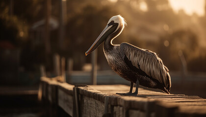 Pelican perching on jetty, taking off into tranquil sunset