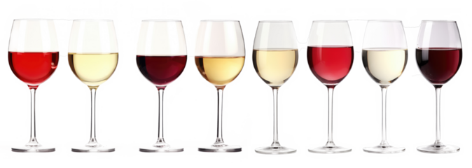 Set of glasses with red and white wine isolated on transparent background.