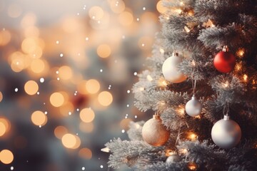 Obraz na płótnie Canvas Christmas winter blurred background. Xmas tree with snow. Generative AI.