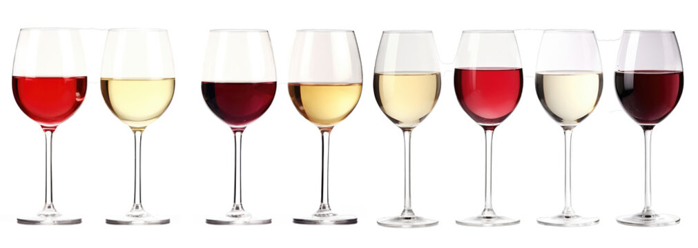 Set of glasses with red and white wine isolated on transparent background.