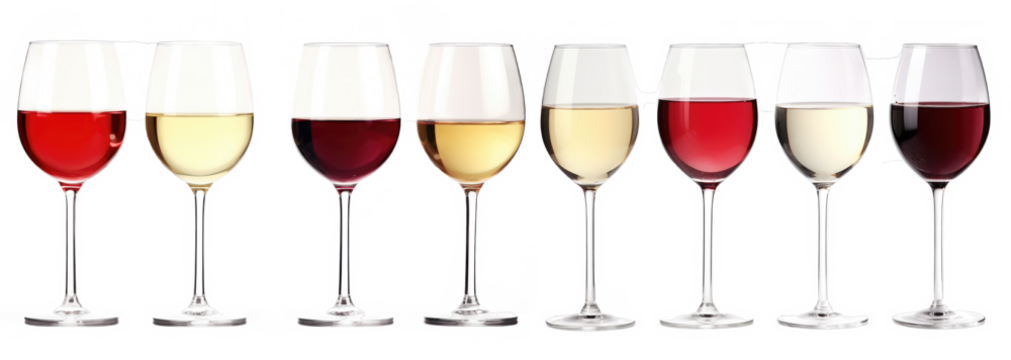 Set of glasses with red and white wine isolated on transparent background.
