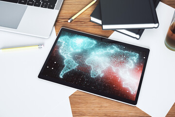 Top view of modern digital tablet display with abstract graphic world map, big data and networking concept. 3D Rendering