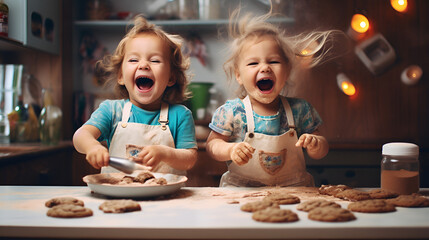 Child prodigies playing making cookies, Generative AI - obrazy, fototapety, plakaty