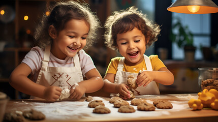 Child prodigies playing making cookies, Generative AI - obrazy, fototapety, plakaty