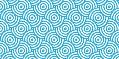 Fototapeta na wymiar Seamless geometric ocean spiral pattern and abstract circle wave lines. blue seamless tile stripe geomatics overlapping create retro square line backdrop pattern background. Overlapping Pattern.