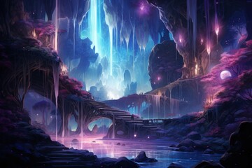 Harmonious waterfalls of glowing crystals, cascading with soothing melodies - Generative AI - obrazy, fototapety, plakaty
